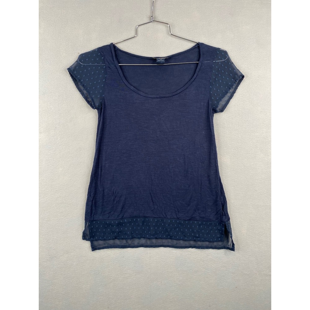 Lucky Brand Navy Blue Swiss Dot Mesh Trim Short Sleeve Scoop Neck Top XS